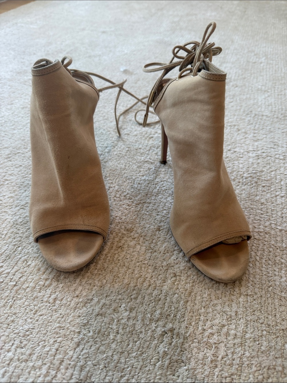 Aquazzura Tan Suede Lace-Up Peep-Toe Stiletto Booties
